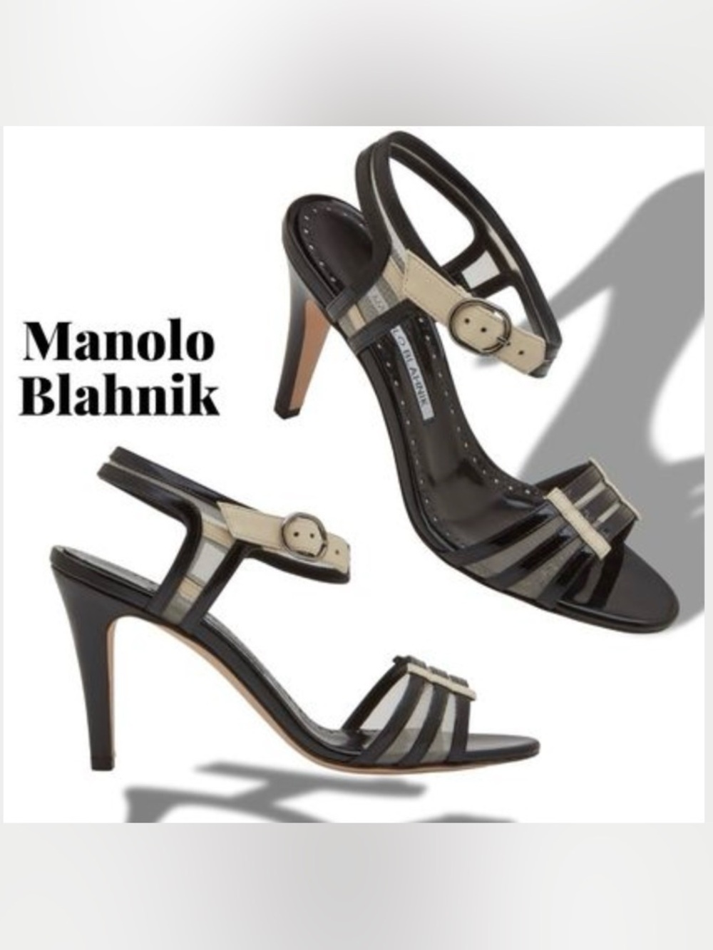 Manolo Blahnik CHA’AM Black and Beige Strappy Patent Leather Heels. NIB
